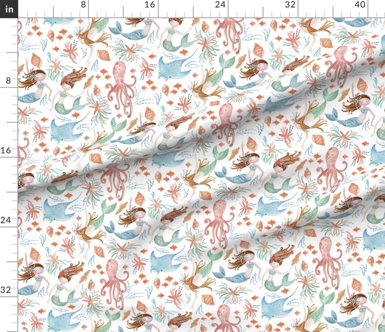 Sweet Mermaids Whimsical Watercolor Fantasy Creatures Mermaid Ocean Sea Girl Nursery Custom Printed Fabric by Spoonflower Various Fabrics by the Yard or Fat Quarter